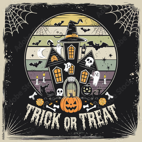 2d vector illustration Halloween t shirt icon design items ghost character Candles in carved pumpkin
