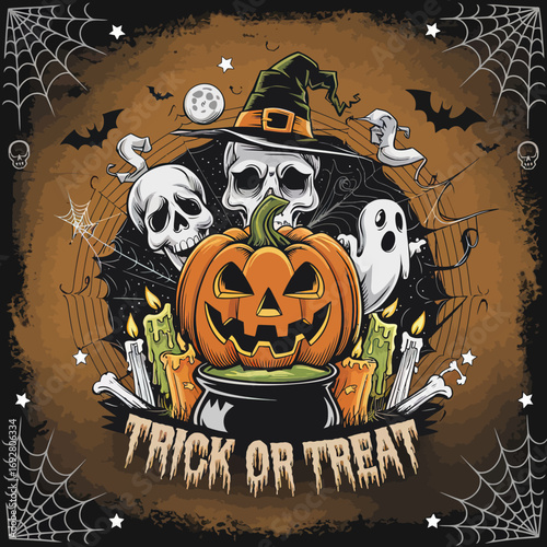 2d vector illustration Halloween t shirt icon design items ghost character Candles in carved pumpkin
