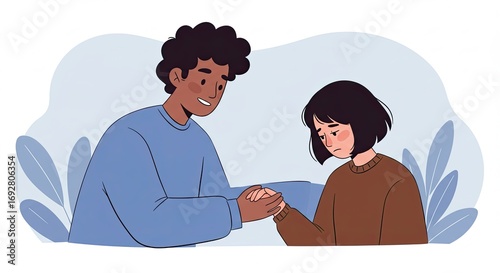 Man Holding Hands of Sad Young Woman with Bob Haircut in Gentle Blue Setting