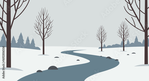 Winter river flowing through snowy landscape with bare trees   for seasonal marketing and holiday promotions,for banner or background
