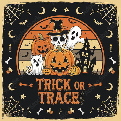 2d vector illustration Halloween t shirt icon design items ghost character Candles in carved pumpkin