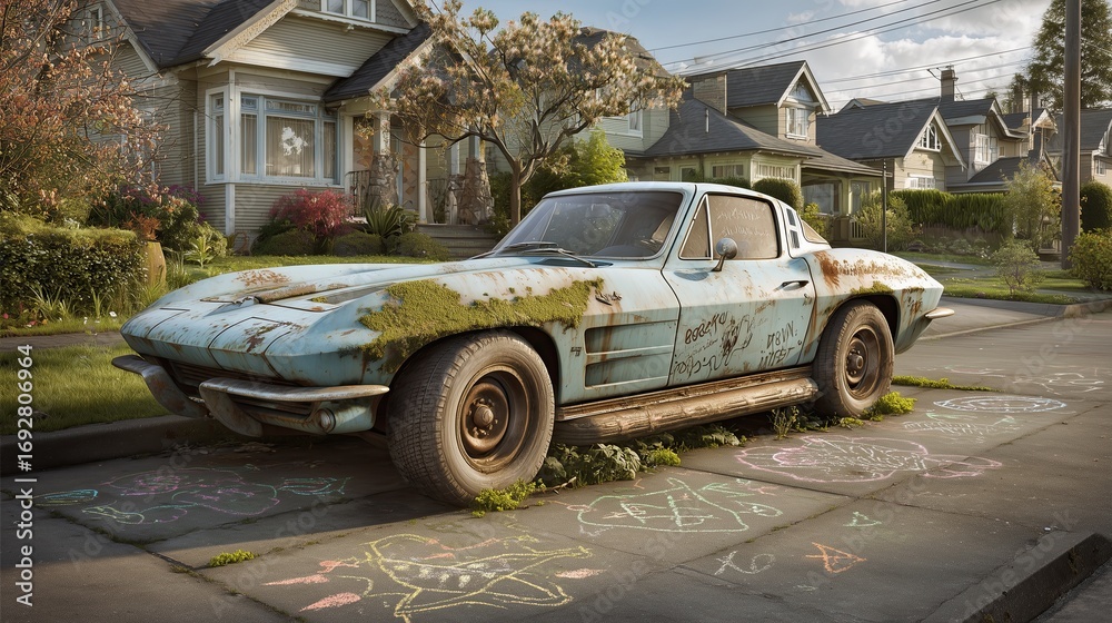 Fototapeta premium Moss-covered 1960s split-window coupe parked on suburban driveway surrounded by chalk art