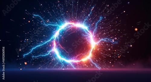 A luminous colorful energy ring with electrical arcs radiates light and particles in a dark mysterious space creating a dynamic effect