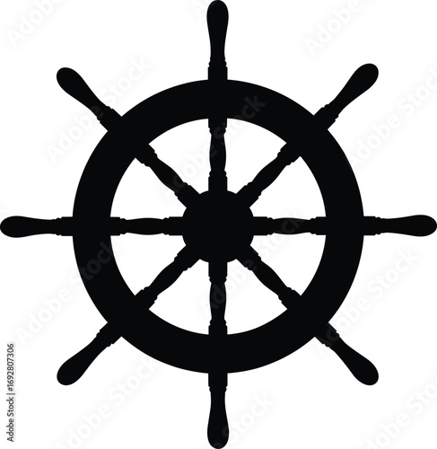 Classic Nautical Ship Wheel Silhouette Vector Illustration for Marine Logo, Sea Travel Design, Sailing Icon, and Ocean Navigation Graphics