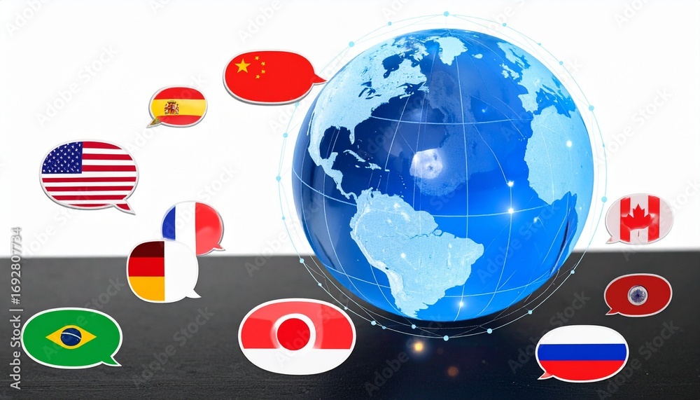 Obraz premium Global Communication Concept with Earth Globe and Speech Bubbles Featuring National Flags for Multilingual Messaging and International Connectivity