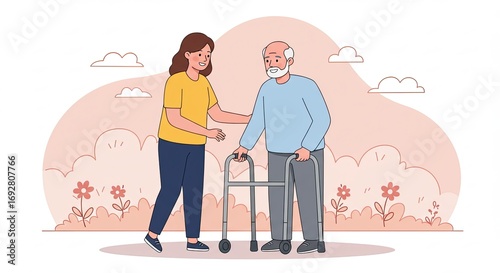 Smiling Woman Helping Senior Man Walking with Walker Outdoors