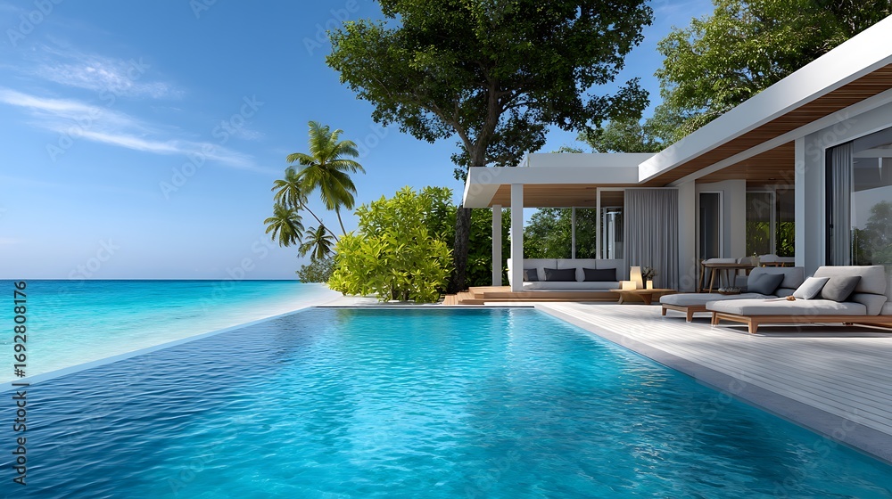 Fototapeta premium Tranquil Tropical Villa with Infinity Pool Overlooking Crystal Clear Ocean