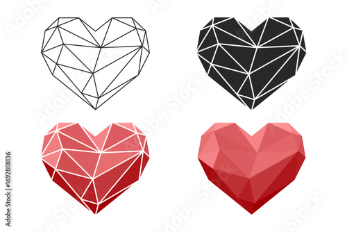 Polygon heart set, low poly geometric love symbol illustration