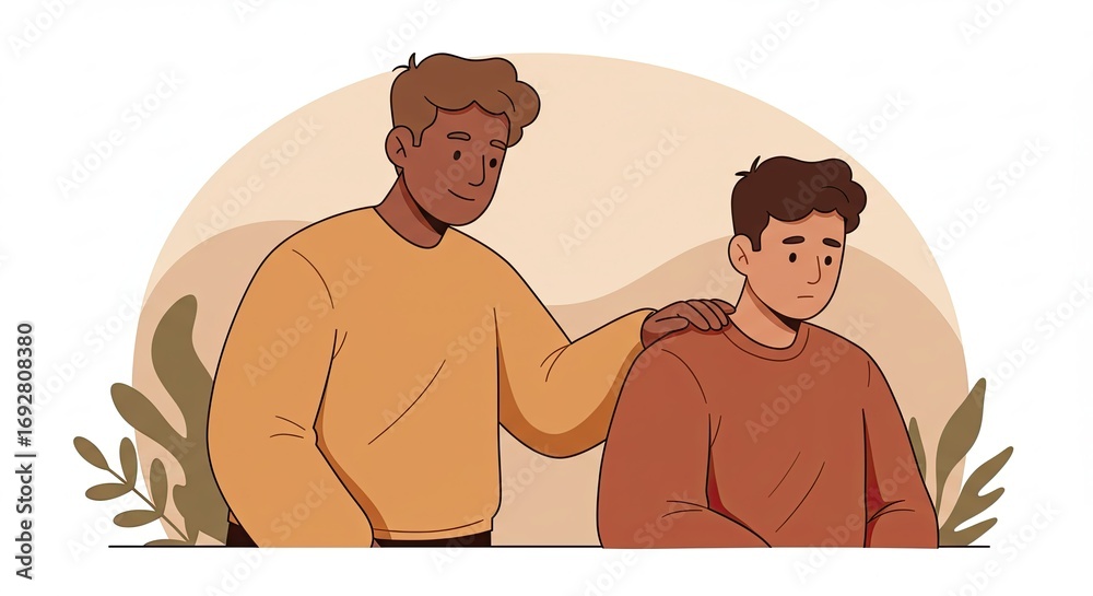 Fototapeta premium Supportive Man Comforting Sad Friend Brown Tones Illustration