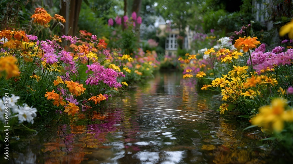 Fototapeta premium Serene Stream Surrounded by Colorful Flowers in a Tranquil Garden