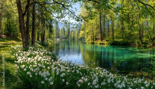 Serene lake surrounded by trees and flowers