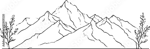 Minimalist line art border featuring abstract mountain and foliage elements for design use