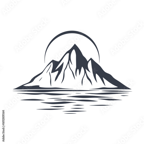 Dark mountain peak silhouette with sun arc and water reflection vector