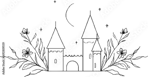 Minimalist line art of castle towers with floral border under moonlit sky for decor design