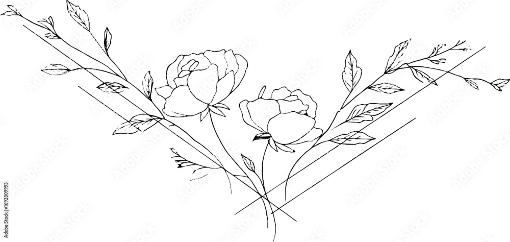 Fototapeta premium Minimalist floral line art border with intersecting diagonal lines for design