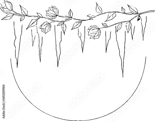 Minimalist line art border of icicles and leaves for winter design aesthetic