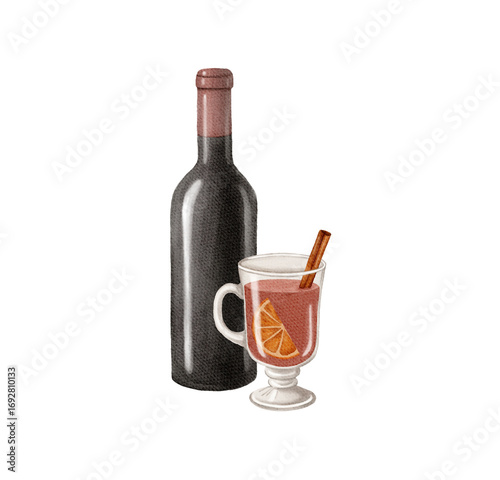 Watercolor christmas illustration with glint wine. Hand painted wine glass with glint wine, tangerine and cinnamon sticks isolated on white background. Holiday cards