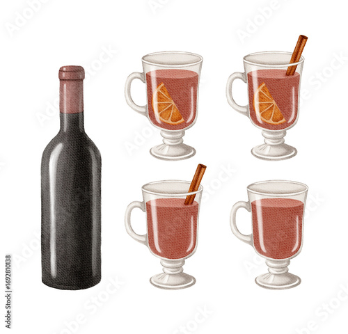 Watercolor christmas illustration with glint wine. Hand painted wine glass with glint wine, tangerine and cinnamon sticks isolated on white background. Holiday cards