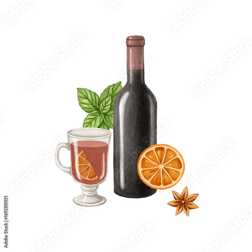 Watercolor christmas illustration with glint wine. Hand painted wine glass with glint wine, tangerine and cinnamon sticks isolated on white background. Holiday cards