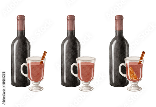 Watercolor christmas illustration with glint wine. Hand painted wine glass with glint wine, tangerine and cinnamon sticks isolated on white background. Holiday cards