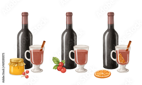 Watercolor christmas illustration with glint wine. Hand painted wine glass with glint wine, tangerine and cinnamon sticks isolated on white background. Holiday cards