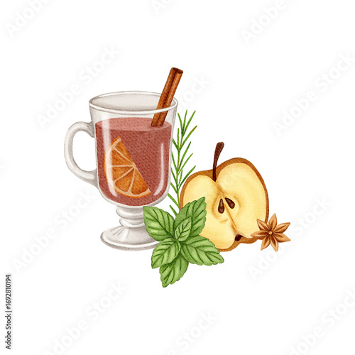 Watercolor christmas illustration with glint wine. Hand painted wine glass with glint wine, tangerine and cinnamon sticks isolated on white background. Holiday cards