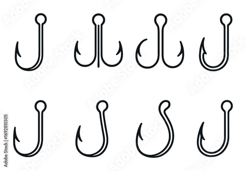 Various dark fishing hook designs on black background