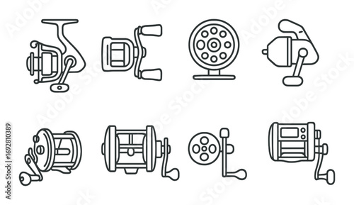 Variety of fishing reel types on display: spinning, baitcasting, fly, trolling