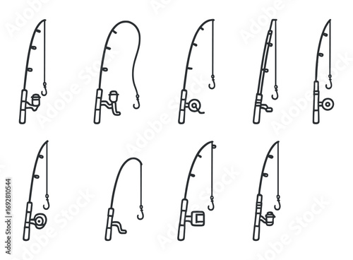 Silhouettes of various fishing rods on dark background