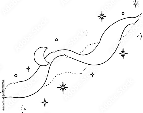 Minimalist boho line art border of stars and moon for aesthetic design or tattoo