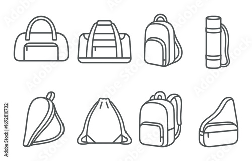 Black and white bag silhouettes featuring tote, backpack, and duffle designs