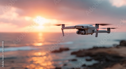 A drone soars through a vibrant sunset over the ocean