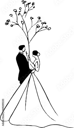 Minimalist line art of bride and groom under a tree - elegant wedding design