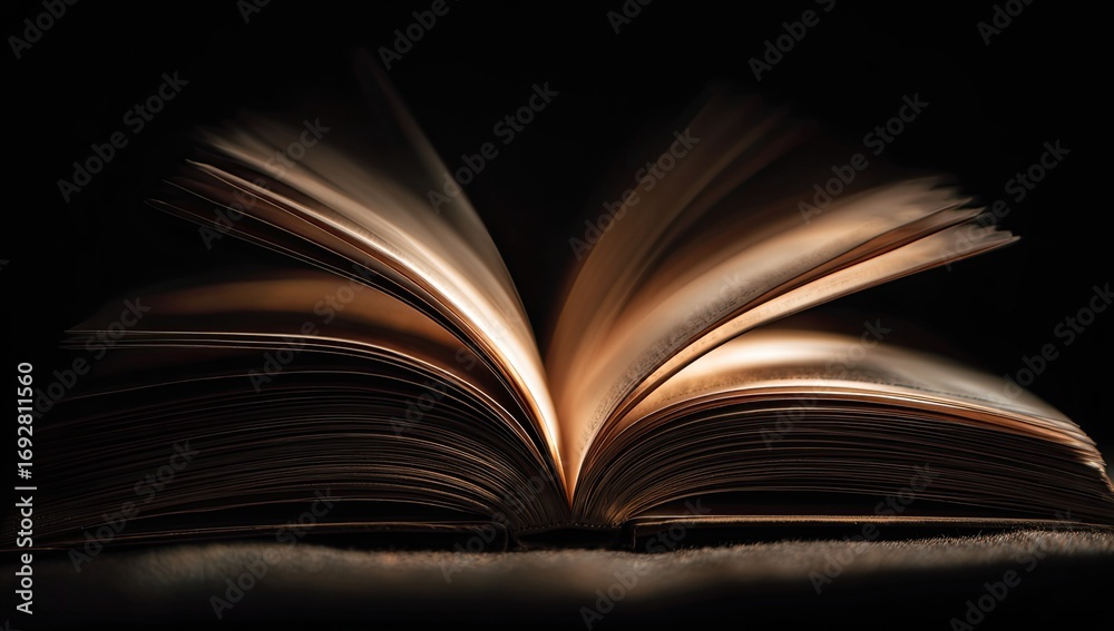 Fototapeta premium Open book, illuminated, dark background (1)