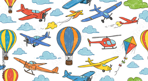 Whimsical hand-drawn pattern featuring airplanes, hot air balloons, helicopters, and kites against a white background with scattered clouds.