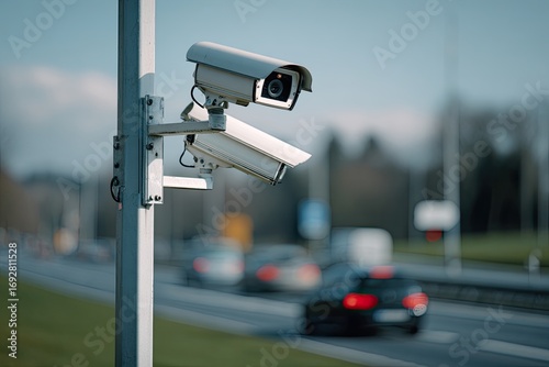Traffic cameras on a roadside pole.  Blurred cars and road in the background