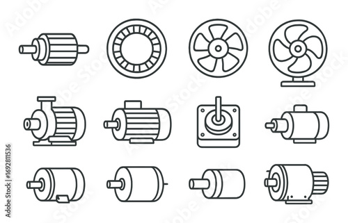 Collection of various electric motor and fan icons on a metallic background