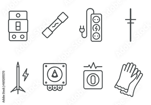 Electrical symbols: fuse, outlet, circuit breaker, gloves, voltage indicator, lightning rod