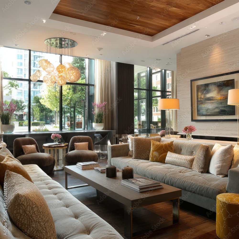 Fototapeta premium Condo lounge with plush seating and statement lighting