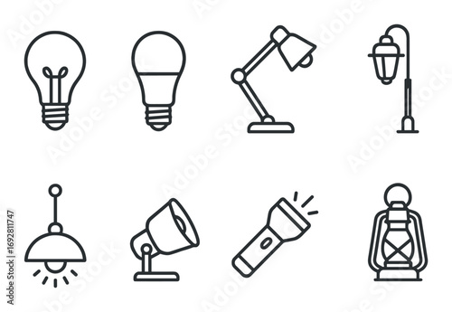 Various lamp and lighting icons on dark background