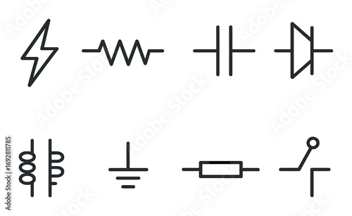 Essential electronic circuit symbols: resistor, capacitor, diode, ground, inductor, switch