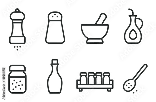 Set of kitchen utensil icons: mortar, spoon, oil bottle, spice shaker, salt holder