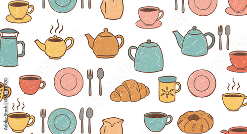Cheerful breakfast pattern featuring teapots, mugs, croissants, and tableware.