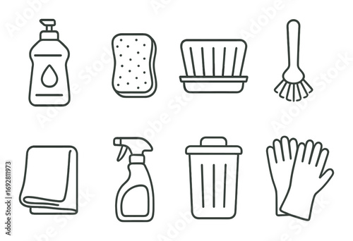 Cleaning tools icons: soap, sponge, brush, towel, spray, bin, gloves