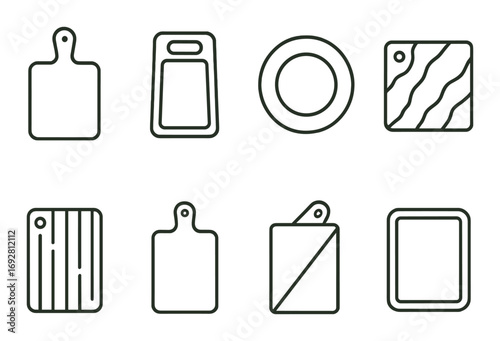 Collection of eight unique cutting board icons on olive green background