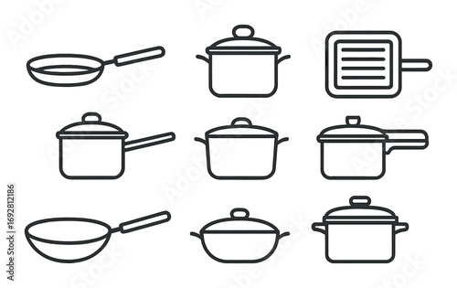 Silhouette outline of nine cookware icons on dark background