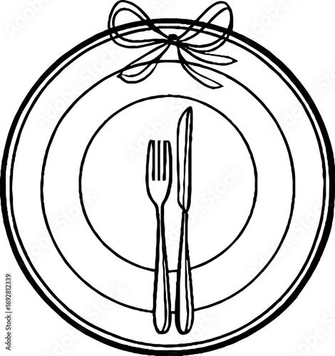 Minimalist line art illustration of dinner plate with cutlery for modern kitchen decor