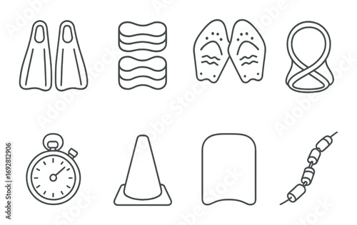 Collection of swimming gear icons: fins, snorkels, goggles, and more