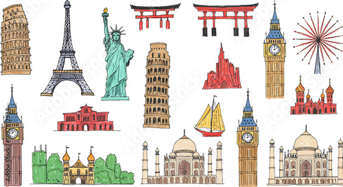 A collection of hand-drawn illustrations depicting iconic landmarks from around the world, in a travel-themed design.