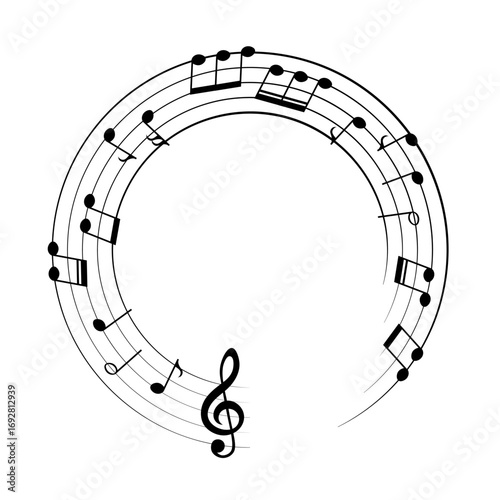 Music notes background, round musical frame, vector illustration.